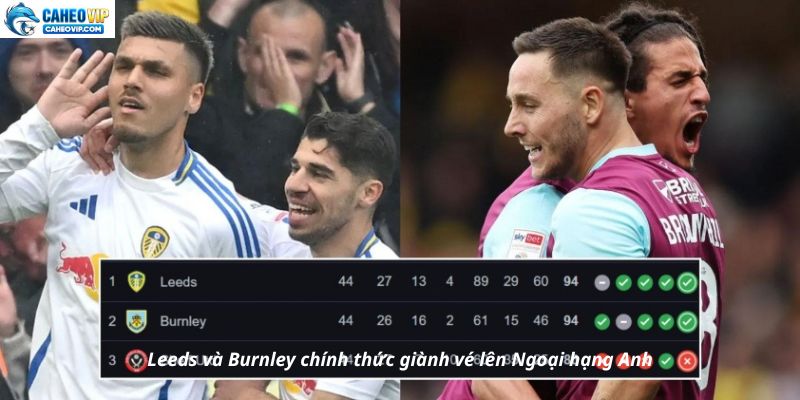 Leeds và Burnley chính thức giành vé lên Ngoại hạng Anh